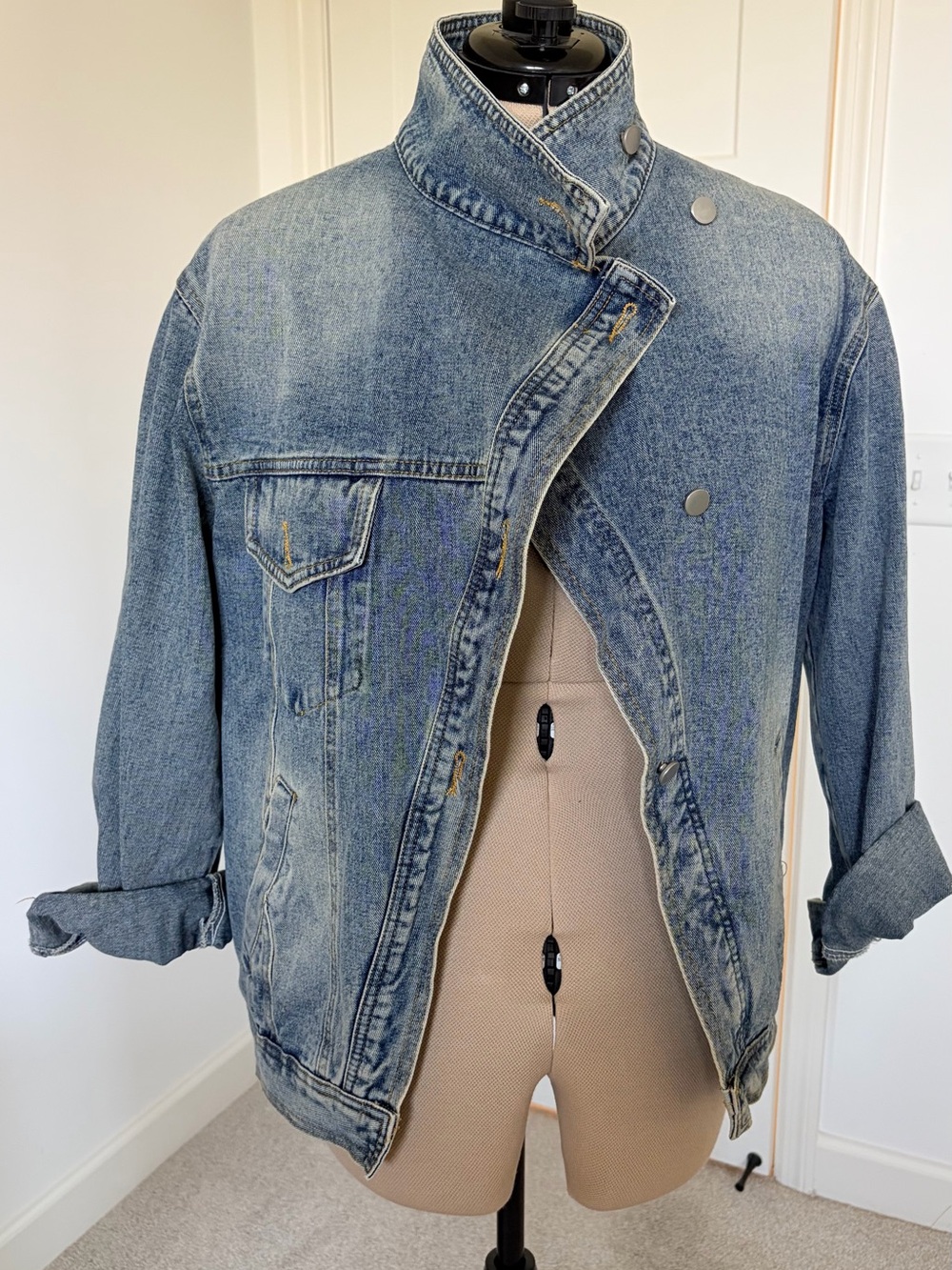 Light Blue Denim Jean Jacket with Stand Collar